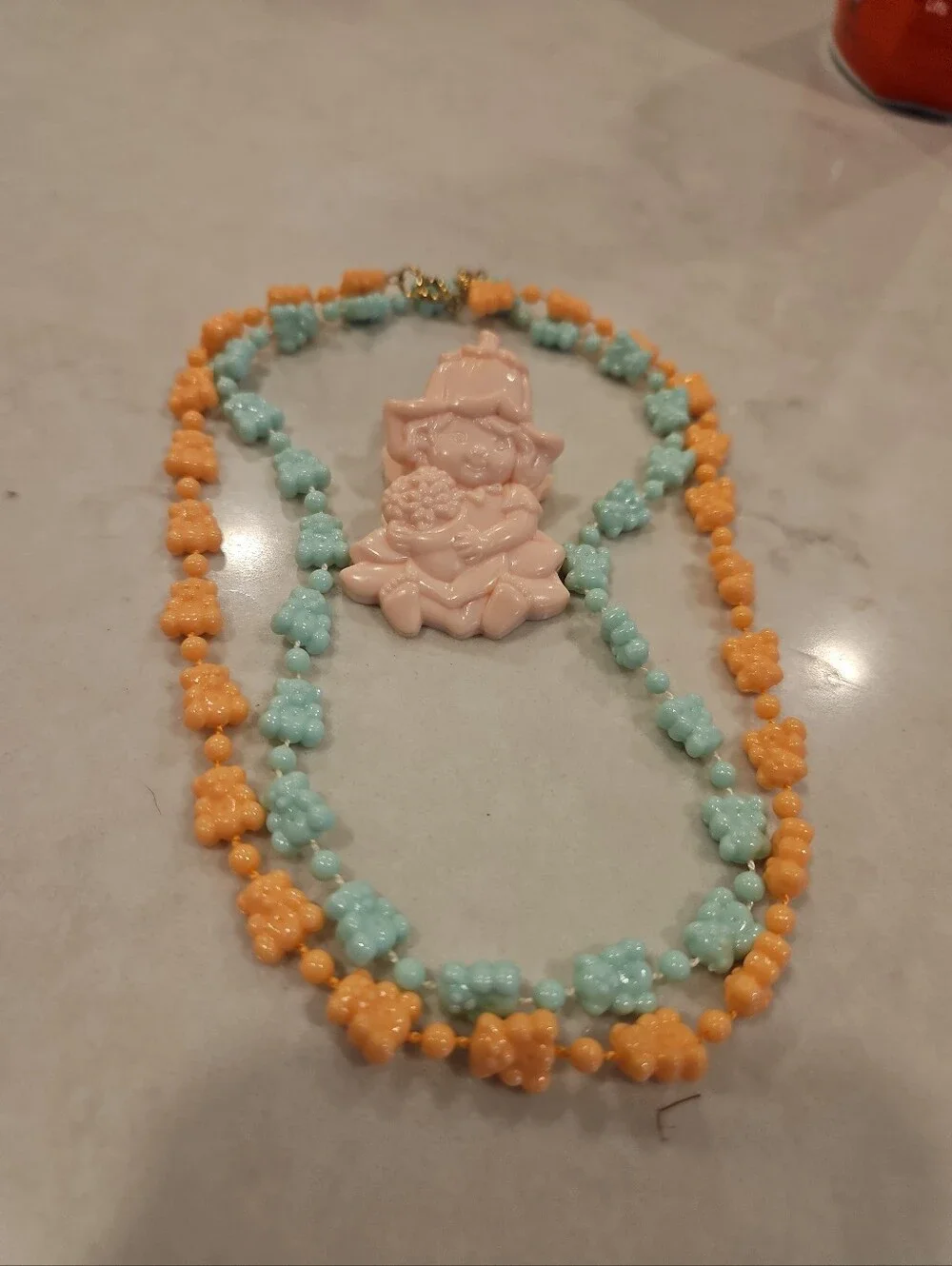 Vintage 1980s  Bear Beaded Choker  Child’s Necklace Set Peach Aqua/ Avon  Clip